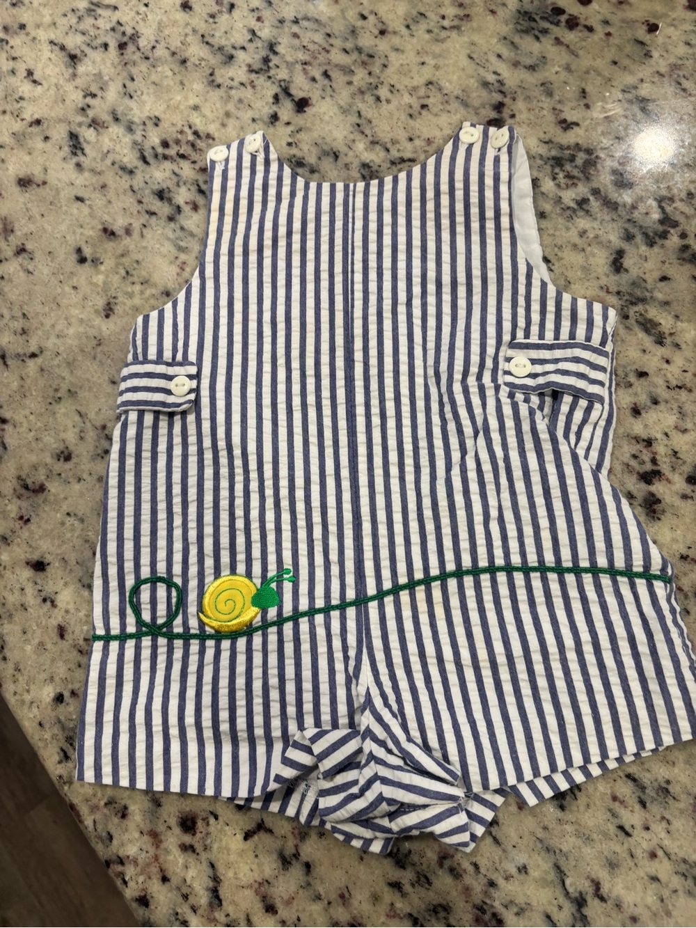 Boys N Berries Blue & White Striped Baby Romper with Snail Appliqué